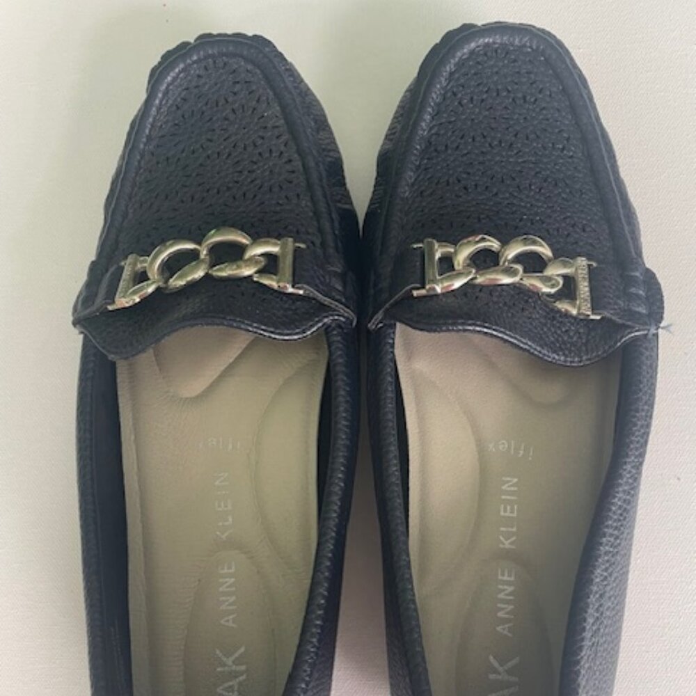 Anne Klein Navy Blue Loafers with Silver Chain